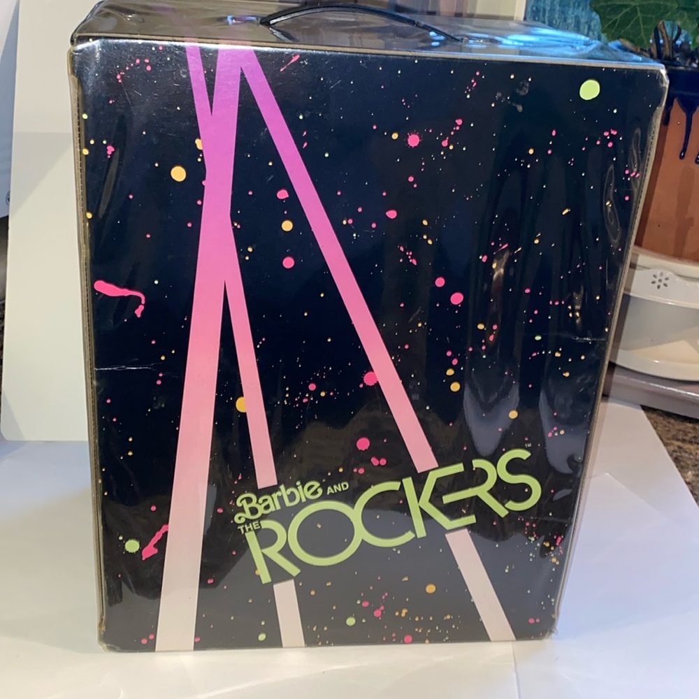Vintage Barbie and the Rockers carry case. Black with neon splatters.